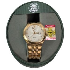 Citizen Eco Drive Gold Tone Watch WR100 Day Date Mens Light Powered NEW